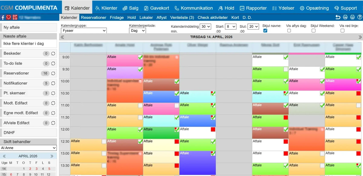Skærmbillede af Complimenta journalsystem med en booket tid