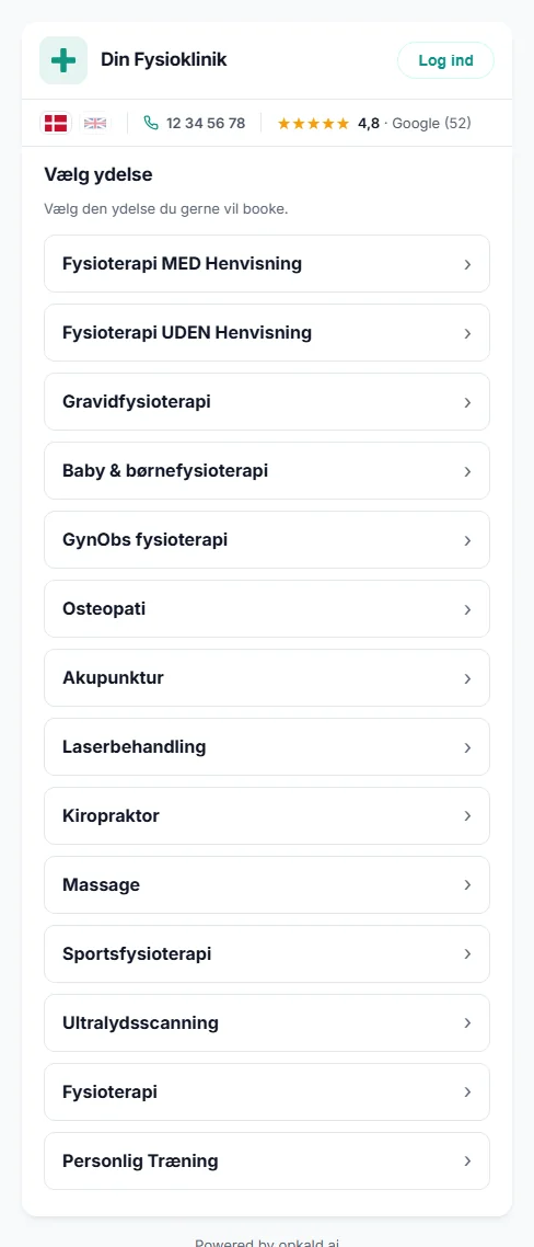 Bookingwidget med klinikkens ydelser, indlejret på en hjemmeside