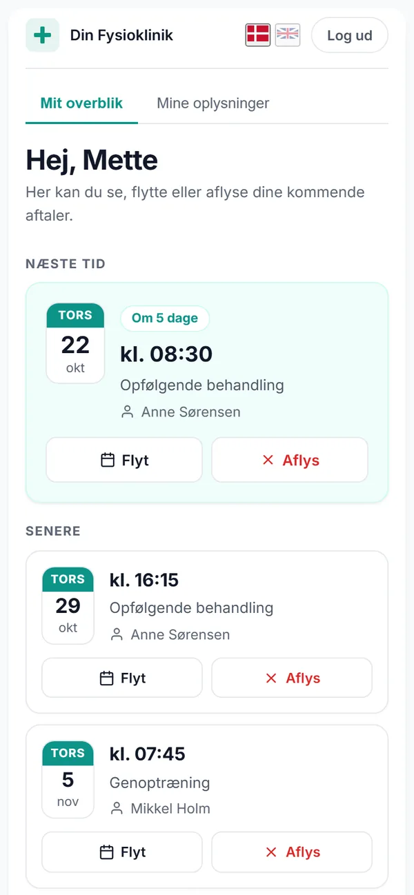 Patientens overblik med kommende aftaler, som kan flyttes eller aflyses